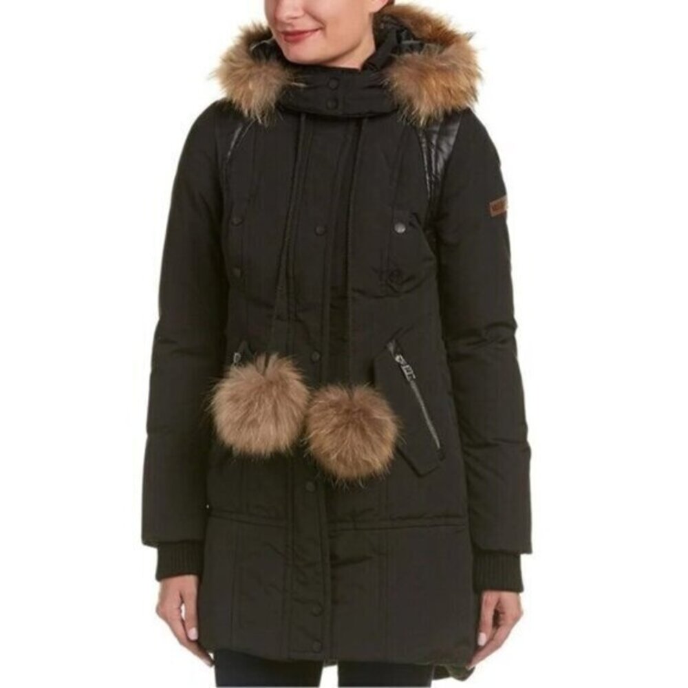 Nicole Benisti Nb Series Down Filled Fur Trim Parka Coat Jacket Black Size XS